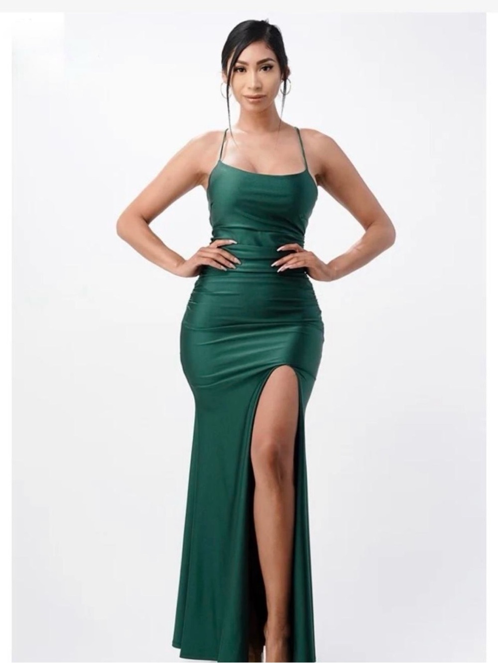 Elegant Forest Green Spaghetti-Strap Evening Dress